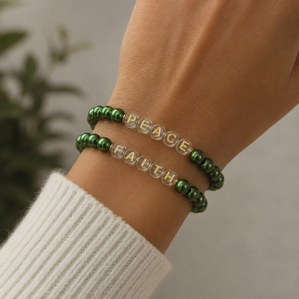 Kit Pulseiras Peace, Hope & Faith Verde Pérola